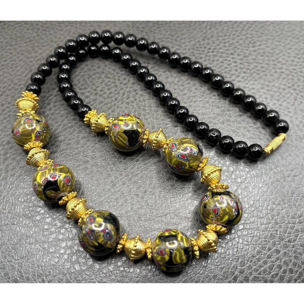 Vintage Millefiori Art Glass Molded Chunky Bead Necklace Black Gold Tone 24"